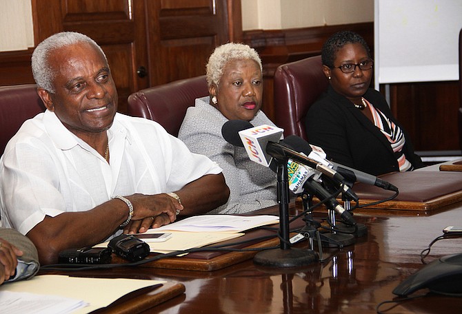 Pictured during a press conference on Monday at the Blue Hill Road head office of the National Insurance Board  are Jason Moxey, Operations Consultant; V. Theresa Burrows, Acting Director, NIB; and Tami Culmer-Francis, Assistant Director, Family Islands Operations. Photo: Patrick Hanna/BIS