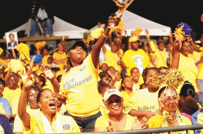 Supporters cheer on the PLP during the rally held at Arawak Cay last week.
