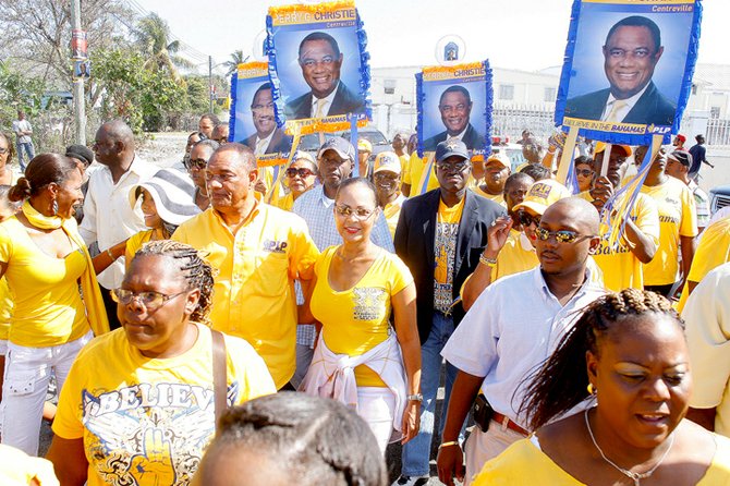 PLP Leader Perry Christie and his wife Bernadette with PLP supporters on Nomination Day.