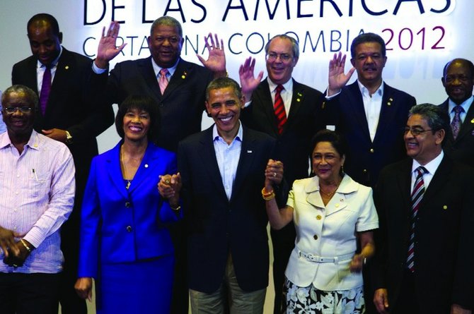 DEPUTY PRIME MINISTER Brent Symonette at the Summit of the Americas last week alongside other world leaders including US President Barack Obama. Front row, from left to right- Barbados’ Prime Minister Freundel Jerome Stuart, Jamaica’s Prime Minister Portia Simpson Miller, President Obama, Trinidad and Tobago’s Prime Minister Kamla Persad-Bissessar, Belize’s Deputy Prime Minister Gaspar Vega. Back row, from left- Dominica’s Prime Minister Roosevelt Skerrit, Antigua and Barbuda’s Prime Minister Winston Baldwin, Mr Symonette, Dominican Republic’s President Leonel Fernandez and Saint Kitts and Nevis’s Prime Minister Denzil Llewellyn Douglas.