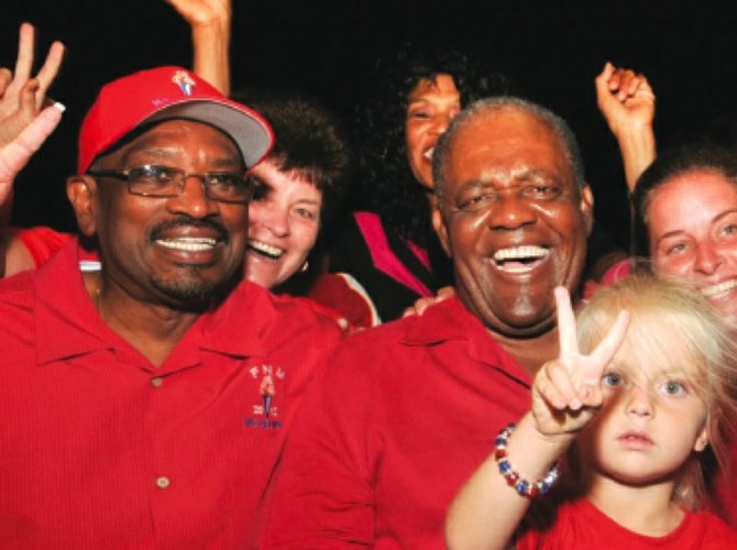 Former Prime Minister Hubert Ingraham with FNM leader Dr Hubert Minnis and supporters in North Abaco.