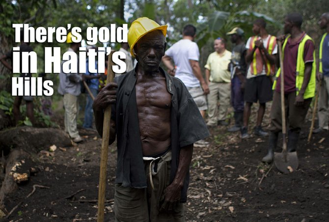 In this April 10, 2012 photo, Genove Valcimon, 70, poses for a picture as he works on a road being built through the mountains to lead to an exploratory drill site in the department of Trou Du Nord, Haiti. Haiti's land may yet hold the solution to centuries of poverty: there is gold hidden in its hills, and silver and copper too. Now, two mining companies are drilling around the clock to determine how to get those metals out, and how much it might cost. (AP Photo/Dieu Nalio Chery)