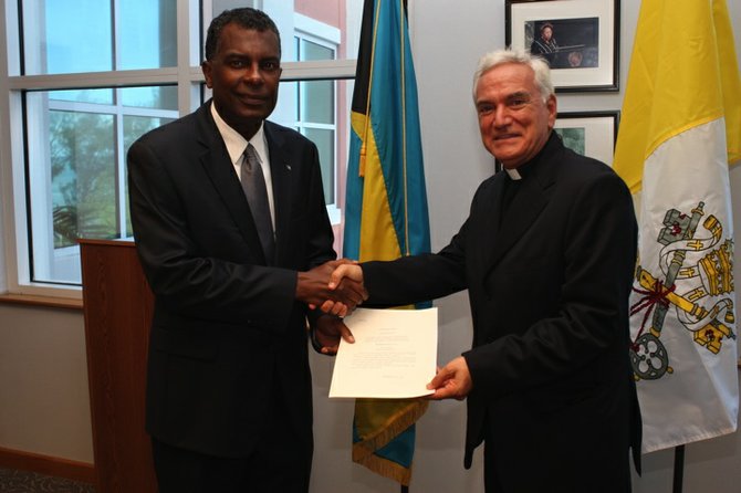 Minister of Foreign Affairs Fred Mitchell with Archbishop Nicola Girasoli