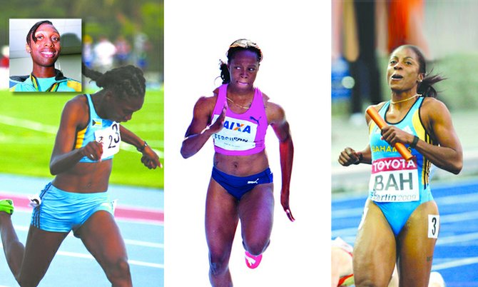 THE BIG RACE: Veteran sprinter and "golden girl" Debbie Ferguson-McKenzie (far right) is expected to clash with Shenique 'Q' Ferguson (middle) and Anthonique Strachan (top left) in the 100m.