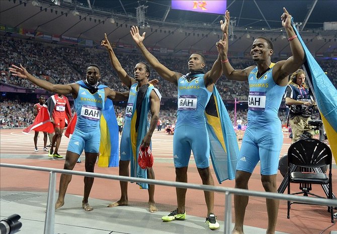 The triumphant Bahamas relay team celebrate after winning the gold in the Men's 4x400m Final.
Kirby Lee-USA TODAY Sports
