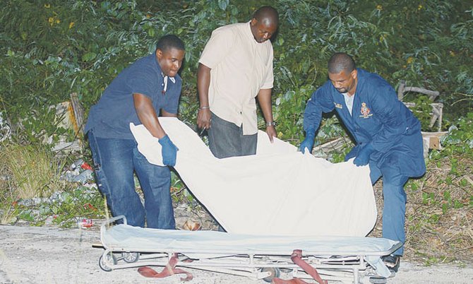 Officers remove the body of a male from a service road in Yellow Elder Gardens on Tuesday night.