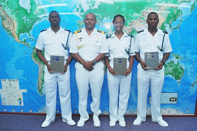 (L-R) Midshipman Ladario Brown, RBDF Commodore Roderick Bowe, Midshipman Danielle Morley, Midshipman Lavan Paul