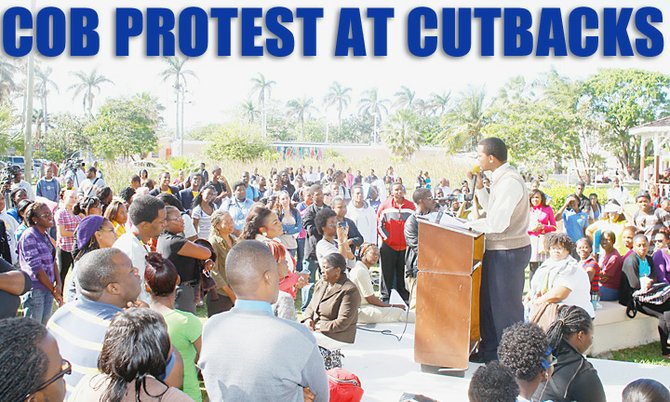 Cobus President Ernesto Williams addresses students yesterday in Independence park on the Cob Campus. Photos: Tim Clarke/Tribune Staff
