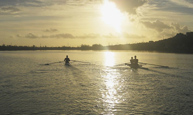 From left, Kyle Chea, Tevin Creary-Roberts (bow seat), and Nicolas Mindroff (stroke seat).