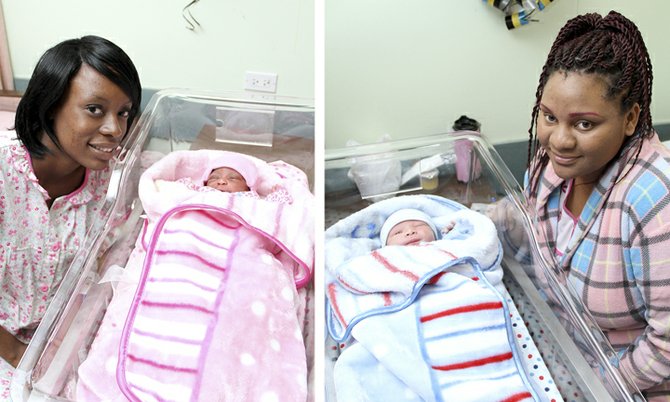 Shanae Fernander, above left, along with her baby girl Arajinae Fernander at the Princess Margaret Hospital yesterday, and Rateisha Adderley and her baby boy Ryoko Moree.

