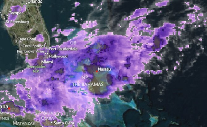 AccuWeather graphic from 2.55pm shows clusters of storms across The Bahamas