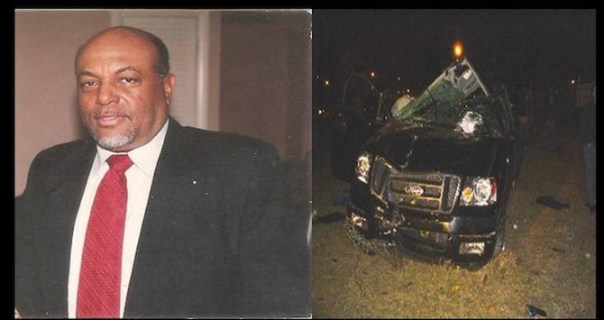 This image, provided by Regina Smith, shows her father and the accident scene. She is campaigning for a change in Bahamian driving laws