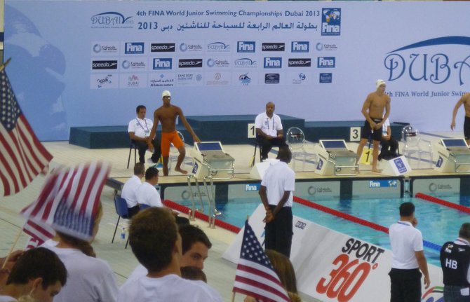 Dustin Tynes gets ready for his 500m race in lane 10 at the World Junior Swimming Championships in Dubai.