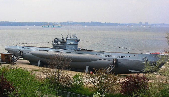 Type VIIC German submarine, or U-boat, 220 feet long, at the German Naval Memorial, Laboe.