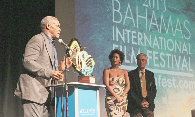 Danny Glover delivers a speech at the Bahamas International Film Festival.