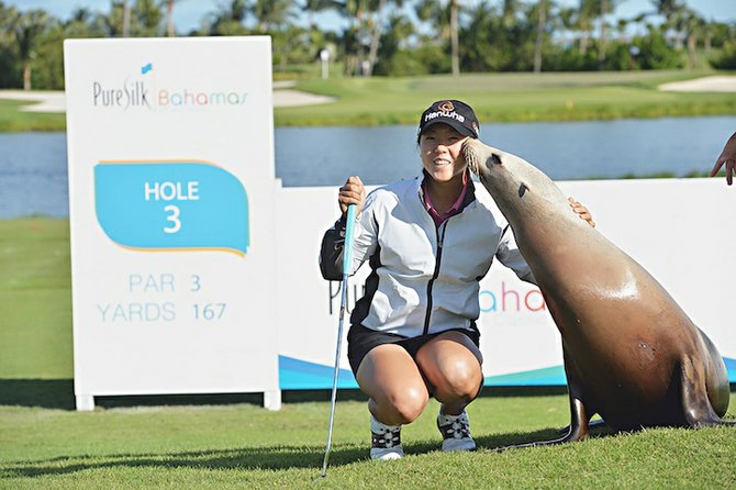 Cassie the sea lion visited the third tee, where golfer Rebecca Lee-Bentham, of Canada, was set to play, in the Pure Silk-Bahamas LPGA Classic, which started yesterday and runs until Sunday at the Ocean Club Golf Course. Admission is free for spectators and general shuttle parking is available on Paradise Island. See page today’s Sports section.