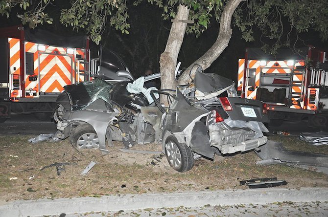 The wreckage of a car following a traffic fatality in Grand Bahama.