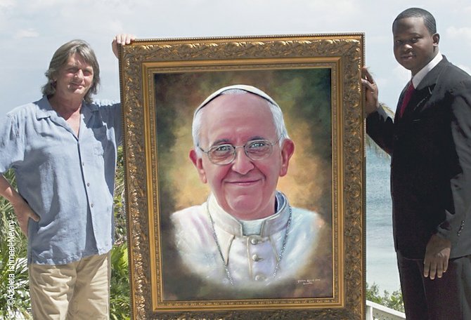 Mike Oldfield with artist Jamaal Rolle and his painting of Pope Francis. (Photo by Azaleta Ishmael-Newry)