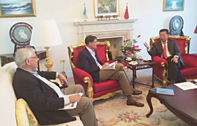 Tom Dunlap, President of Baha Mar (far left) and Sarkis Izmirlian, Baha Mar’s Chairman and Chief Executive Officer, speak with His Excellency Yuan Guisen, Ambassador of the People’s Republic of China to the Commonwealth of the Bahamas.