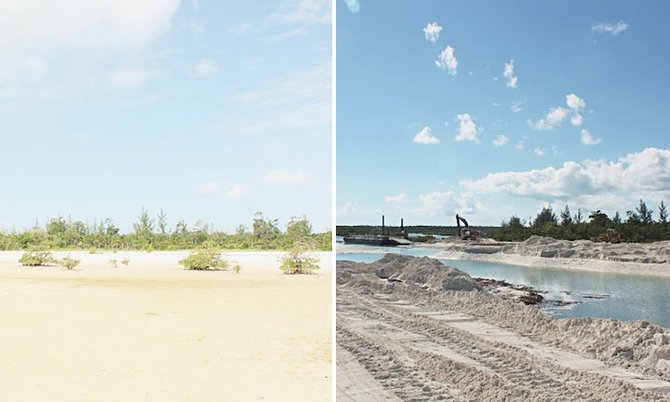 Before and after photos of acres of wetlands in Treasure Cay, Abaco. One photo (left) shows the wetlands in pristine condition while the other shows the destruction of acres of wetlands, slashed by heavy equipment on a site being developed under expansion plans by a resort known as Treasure Sands despite a cease and desist order by government. 

