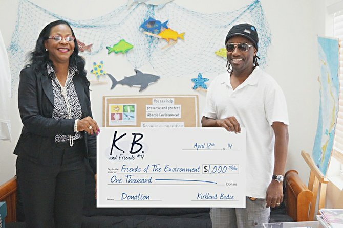 Bahamian recording artist KB donates proceeds from his CD, KB and Friends, Volume #4, to support the environmental education and conservation work of Friends of the Environment in Abaco. Wynsome Ferguson, the new President of the Board of Friends of the Environment accepted the cheque on their behalf and thanked KB for setting the bar high for entertainers to support the environment that supports all Bahamians. 
