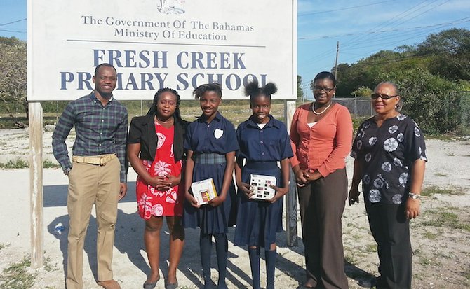 Fresh Creek Primary Discovery Club earned an honourable mention. Pictured (left to right) are Discovery Club Leaders Mr Williams and Ms Swann, Malaika Clarke, Gabrielle Lewis, Indira Coleby, Discovery Club Leader and Emily Miller, Principal Fresh Creek Primary.


