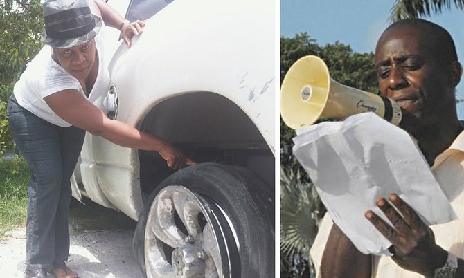 LEFT: Carolyn Lulse-Darling, the wife of Mervin Darling, points out the damage to the car tyre, which it is claimed was caused by police bullets. 
RIGHT: Mervin Darling, who said his car’s tyres were shot at by police.
