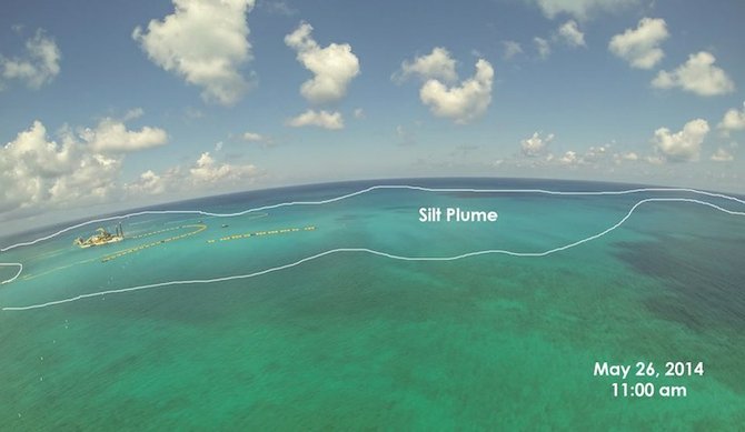 A picture provided by the Bimini Blue Coalition, said to have been taken yesterday and which purports to show the extent of the silt plume around the dredger.