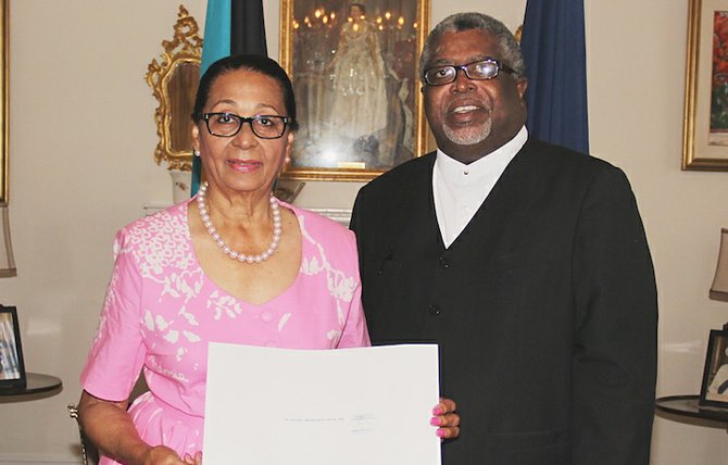Dame Marguerite Pindling, pictured at her swearing-in as Deputy to the Governor General by Chief Justice Sir Michael Barnett on April 28.
