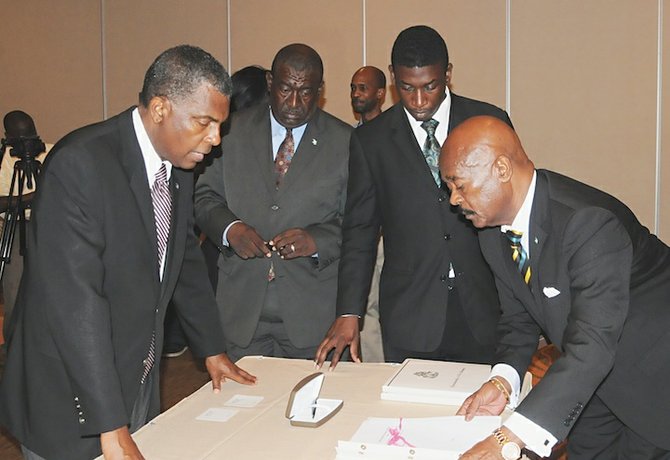 Foreign Affairs Minister Fred Mitchell at the signing of deals with Haiti during President Michel Martelly’s visit. Photo: Peter Ramsay/BIS
