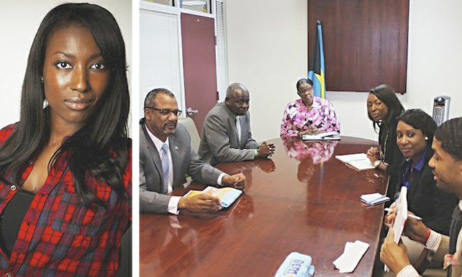 Aisha Bowe (inset) and with Derek 'Fonzworth Bentley' Watkins and members of the BETA Camp meeting with Minister of Education Jerome Fitzgerald.