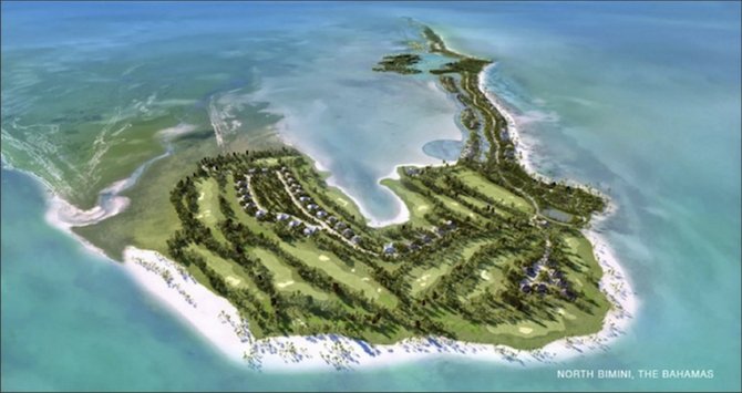 A view of the future?: A computer-generated aerial image on the Investhaus website used to promote Bimini as a paradise destination featuring what appears to be a golf course amid plush greenery and homes near water.
