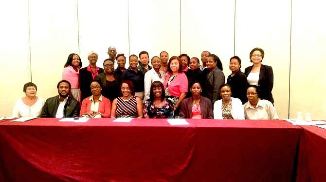 Pictured with Mrs. Mena Griffiths of the Templeton World Charity Foundation (far left) and Mrs. Nicole Campbell (standing far right) are the teachers who attended the luncheon at the British Colonial Hilton – Marlene Thompson (Kingsway Academy), Marvia Rolle (L.W. Young Jr. High), Kizzy  McPhee (C. H. Reeves Jr. High), Raquel Turnquest (C. R. Walker Sr. High), Vanessa McQueen (Anatol Rodgers High), Deatrice Adderley (S. C. McPherson Jr. High), Shevron Thomas (Doris Johnson Sr. High) Jacqueline Mott (Aquinas College), Emille Hunt (C.V. Bethel Sr. High), Kerron Knight (St. John’s College), Charlain Collins (Temple Christian), Krystel Thompson (Queen’s College), Marjorie Pennerman (Anatol Rodgers), Michelle Robinson (St. Andrew’s School), Geta Williams (C. C. Sweeting Sr. High), Rujean Hart (S.C. McPherson Jr. High), Cylestina Williams (C. I. Gibson Sr. High) and Stephen Sands, District Education Officer, Southwestern District. 