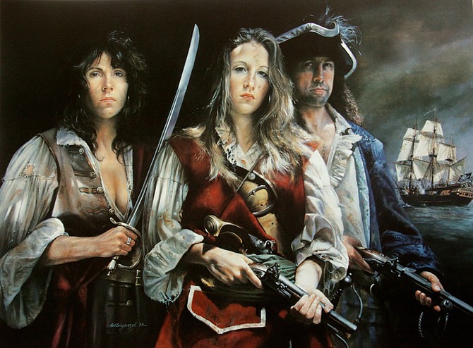 Mary Read, Anne Bonny and Calico Jack Rackham, famous figures in Caribbean pirate history. Illustration: Chris Collingwood/www.collingwoodhistoricart.com