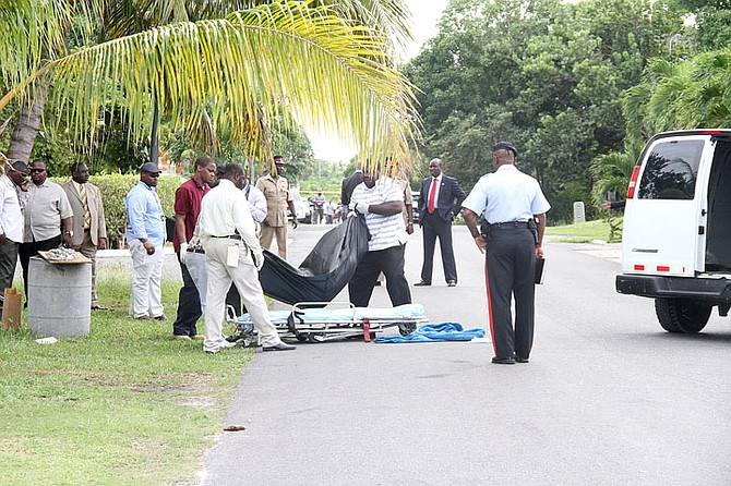 The body of a man is removed from the scene of yesterday morning’s shooting off Carmichael Road. Photo: Tim Clarke/Tribune Staff
