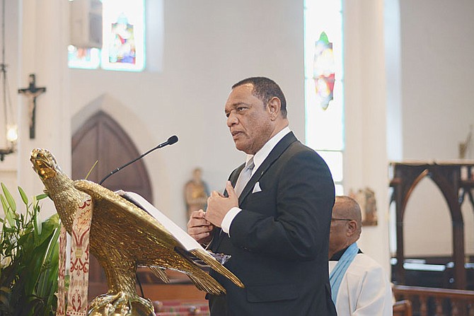 Prime Minister Perry Christie pays tribute to Warren Levarity at Thursday's funeral service.