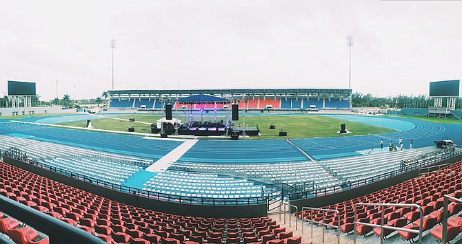 Preparations at the National Stadium ahead of the memorial service.