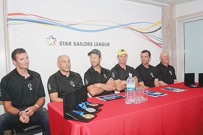 STAR SAILORS: Shown (l-r) are Giles Scott, Diego Negri, Freddy Loof, Robert Scheidt, Torben Grael and Bahamian Myles Pritchard.