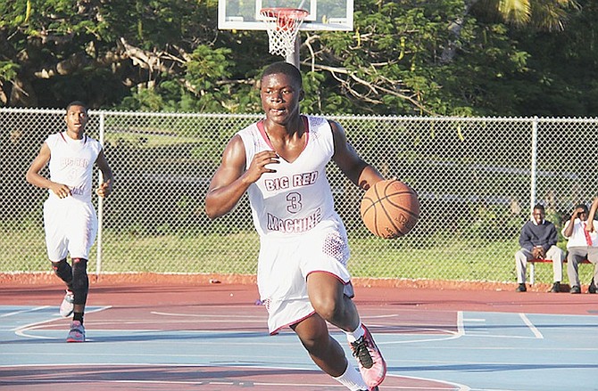 FAST BREAK: Junior national basketball team standout Deangelo Mackey, of the SAC Big Red Machine senior boys’ basketball team, in Bahamas Association of Independent Secondary Schools action yesterday.
