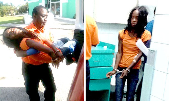 LEFT: Dahene Nonord being carried by a paramedic outside the Carmichael Road Police Station.
RIGHT: Ms Nonord in handcuffs at PMH's Accident and Emergency.