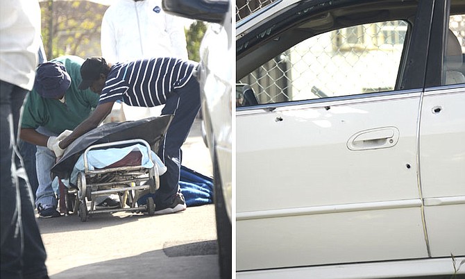 The body of Deangelo Pinder is removed from the scene (left) and the bullet-ridden car in Union Village (right).