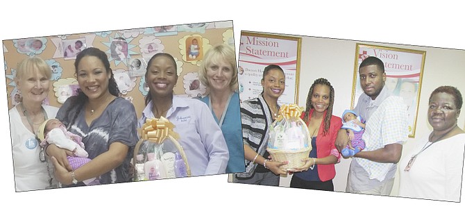 The first babies of 2015 - first up was baby boy Isaiah Enoch Smith, above right, pictured with, from left, Nyoka Sweeting, RN and health educator, Lowe’s Wholesale; Kendra Sherman; Enoch Smith holding baby Isaiah; and Patricia Brown, co-ordinator Doctors Hospital Maternity Department. The first baby girl of the year arrived on January 10. Little Layla Treco-Voisin is pictured with, from left, ileen McClain, Doctors Hospital maternity RN; Leah Treco holding Layla; Nyoka Sweeting; and Dr Laura Dupuch.
