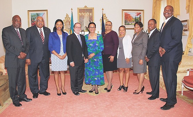 MEMBERS of the media pose with Governor General Dame Marguerite Pindling during a courtesy call at Mount Fitzwilliam on Wednesday. From left are Luther Smith, director general of the Bahamas Information Services; Idris Reid, consultant to the governor general; Candia Dames, managing editor, The Nassau Guardian; Emanuel Alexiou, president and publisher, The Nassau Guardian; Dame Marguerite; Diana Swann, general manager, Broadcasting Corporation of the Bahamas; Taneka Thompson, news editor, The Tribune; Bernice Bowe, 1st asst secretary/HR at Government House; Brent Dean, general manager and editor, The Nassau Guardian; Elcott Coleby, deputy director, Bahamas Information Services. Not pictured but in attendance was Wendall Jones, president of Jones Communications International Ltd. Photo: Letisha Henderson/BIS