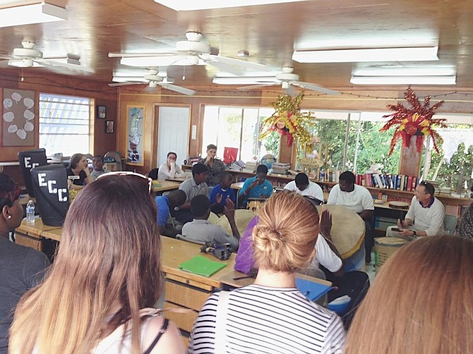 Ryerson University students watch a drum performance by special needs students at the Every Child Counts learning Centre in Marsh Harbour, Abaco.Photo: Lamech Johnson/Tribune Staff
