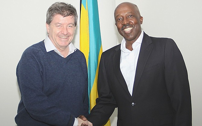 Shane Gibson, Minister of Labour, welcomes Guy Ryder, Director-General of the International Labour Organization (ILO) upon his arrival on Sunday.