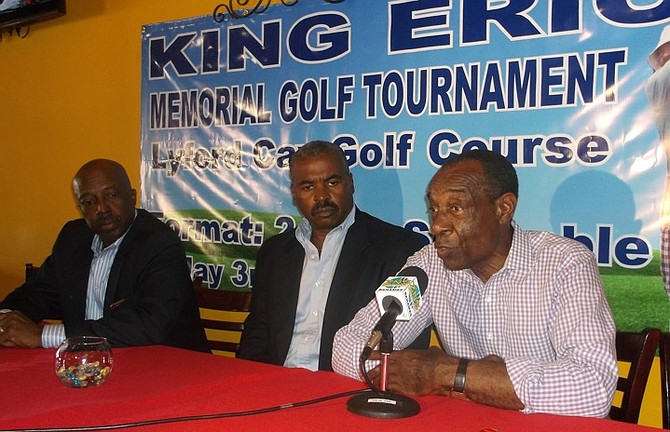 Minister Shane Gibson, Eric Gibson and Craig Flowers talk about the King Eric Gibson Memorial Golf Tournament on Friday at Bahama Grill on West Bay Street.