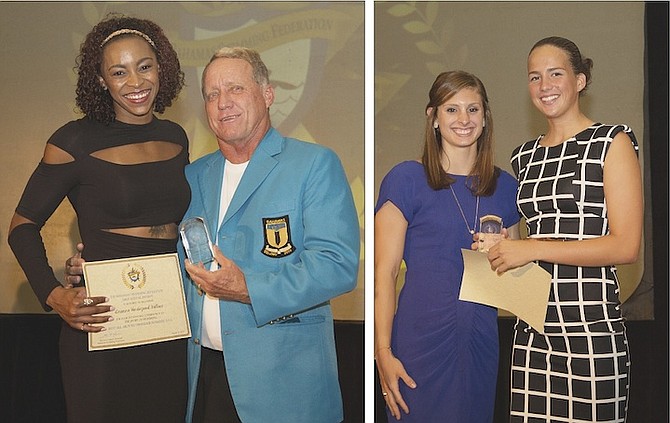 ARIANNA VANDERPOOL-WALLACE gets her award from coach Andy Knowles; Joanna Evans (right) receives her award from Olympian Camille Adams.
               


Photos courtesy of Bahamas Visual Services