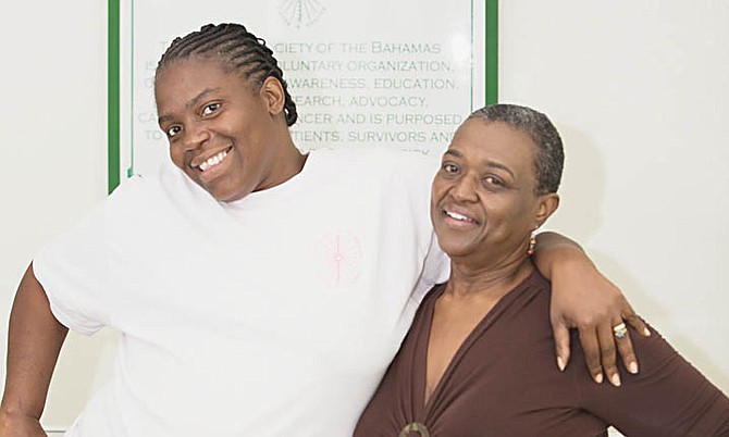 Cancer survivors Nicole Lewis-Rolle, of Eleuthera, a mother of 10, and Sandra Lightbourn, of Grand Bahama, who had a 30lb cancerous mass removed from her leg.