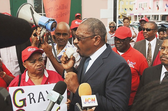 FNM leader Dr Hubert Minnis and supporters calling yesterday for V Alfred Gray to be removed. 