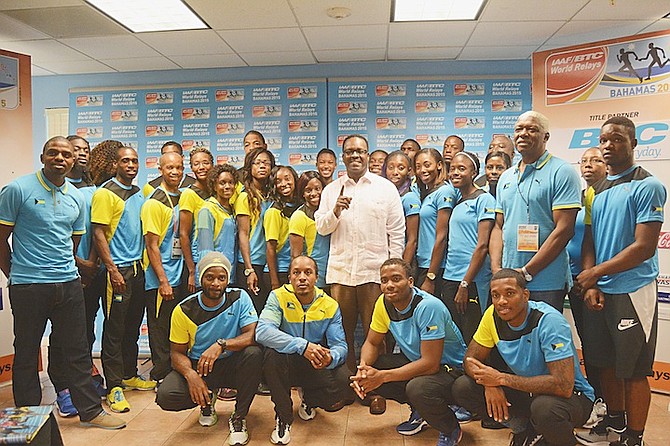 GO TEAM BAHAMAS: Team Bahamas members can be seen yesterday with Minister of Youth, Sports and Culture Dr Daniel Johnson.
                                                                                                                                                                                            Photo by Shawn Hanna/Tribune Staff